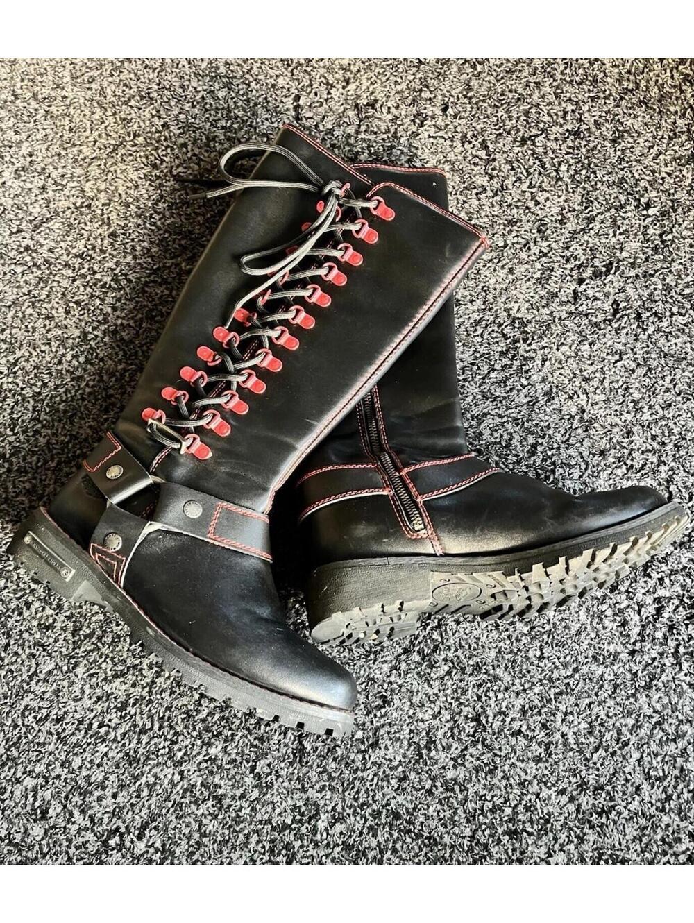 Women's Biker Boots Lace Up Knee High  Red Laces Shoes PU Leather Square Toe